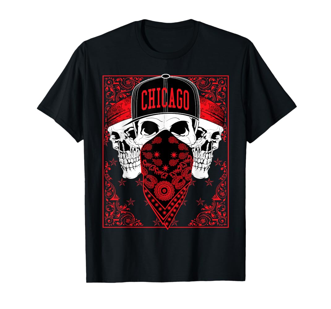 Amazon.com: CaliDesign Chicago red Bandana T-shirt Skull